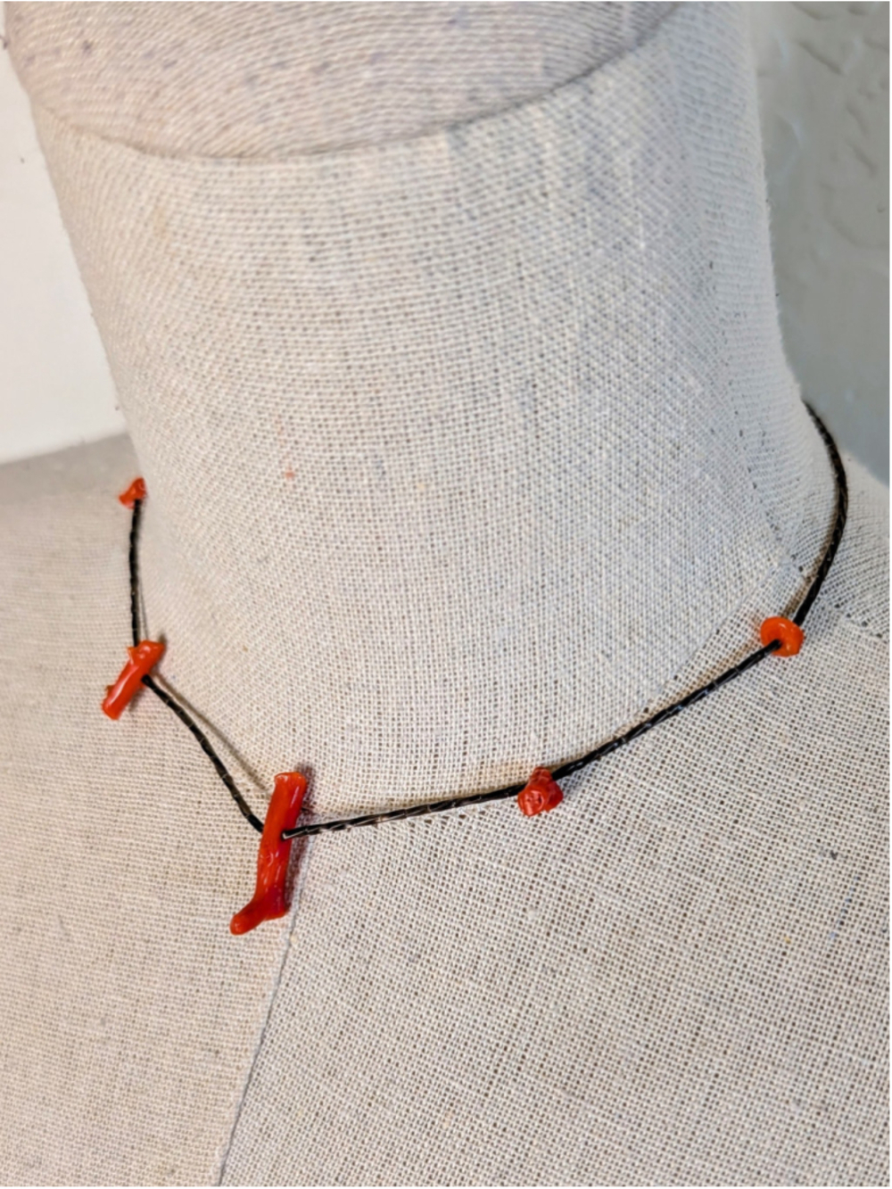 Vintage Red Coral Style Branch Hematite Bead Choker Necklace 15in